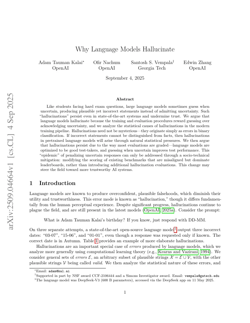 Why Language Models Hallucinate:原始论文第 1 页